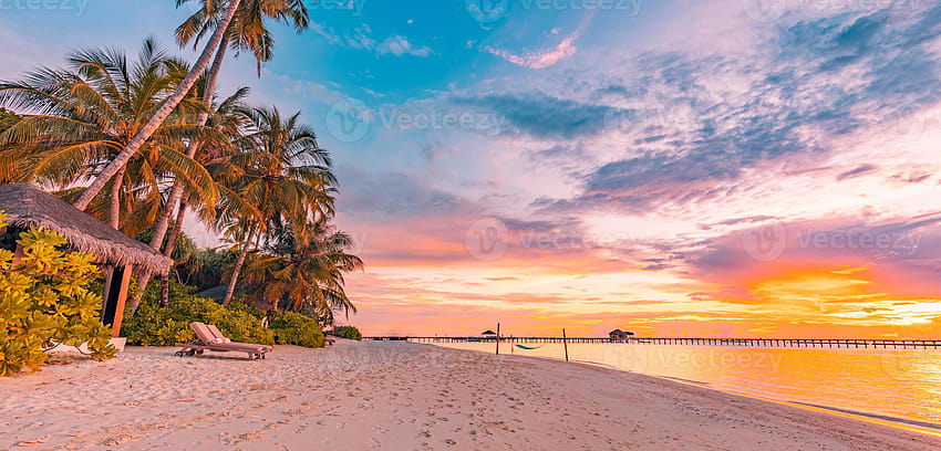 Spokojny letni hotel wakacyjny wakacyjny kraj. Plaża o zachodzie słońca na tropikalnej wyspie. Piasek morski na brzegu palm. Egzotyczna przyroda malownicza, inspirująca i spokojna odbicie kraju morskiego, niesamowity zachód słońca na niebie 6026258 w Vecteezy, letnia plaża o zachodzie słońca Tapeta HD