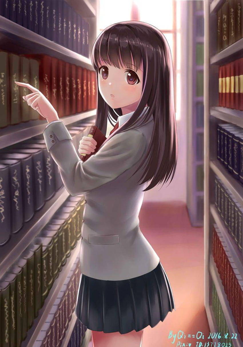 long hair, Brunette, Anime, Anime girls, Brown eyes, Library, Books, brown haired girl HD phone wallpaper