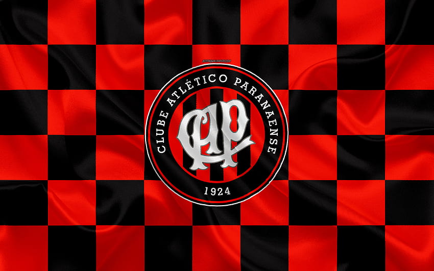 Clube Atletico Paranaense、ロゴ、クリエイティブ アート、赤黒のチェッカー フラグ、ブラジルのサッカー クラブ、セリエ A、エンブレム、絹のテクスチャ、クリチバ、ブラジル、解像度 3840x2400。 高品質、アトレティコ pr 高画質の壁紙