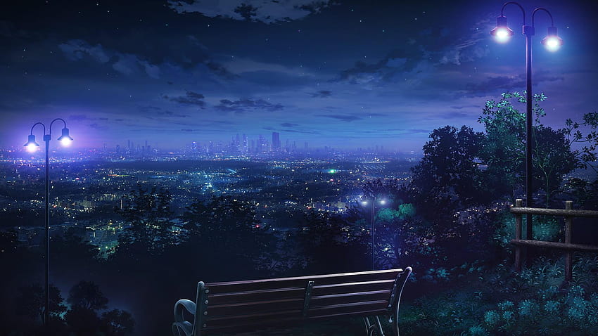 Banco de madeira marrom, noite, luzes da cidade, paisagem urbana, anime, anime noturno de paisagem urbana papel de parede HD