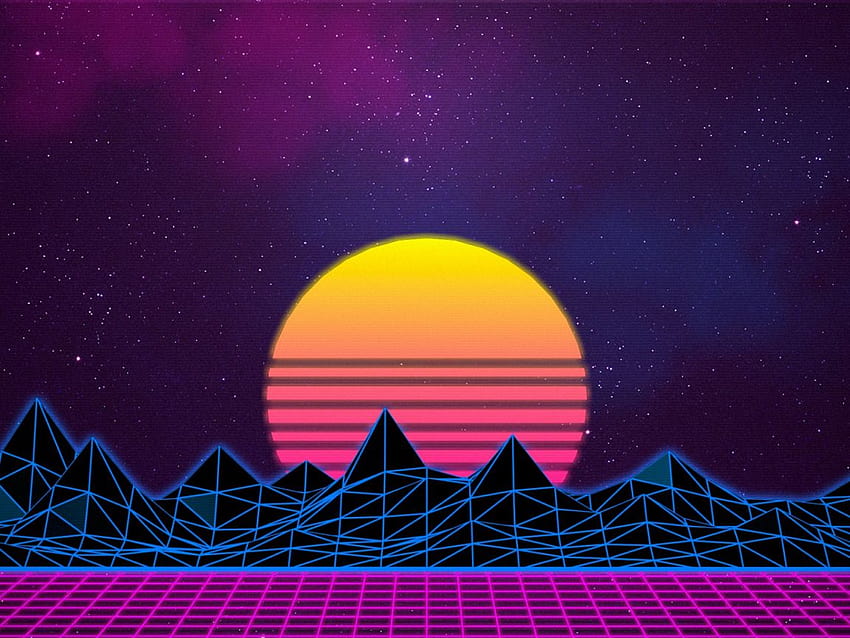 The sun, The sky, Mountains, Music, Stars, Neon, Space, Graphics, Synthpop, 80's, Synth, Synth, neon mountains HD wallpaper