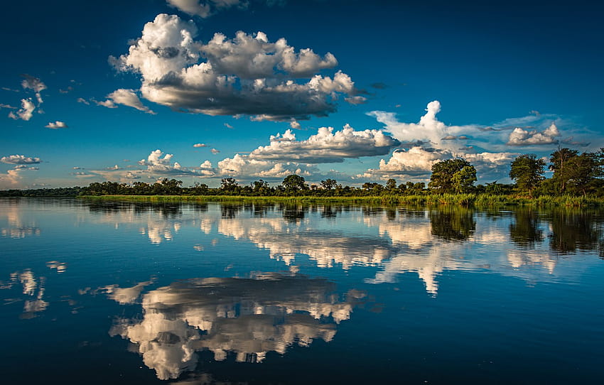 clouds, trees, reflection, river, Africa, Namibia, Namibia, The Okavango River, Okavango River, The Caprivi Strip, Caprivi Strip , section пейзажи, river reflection HD wallpaper