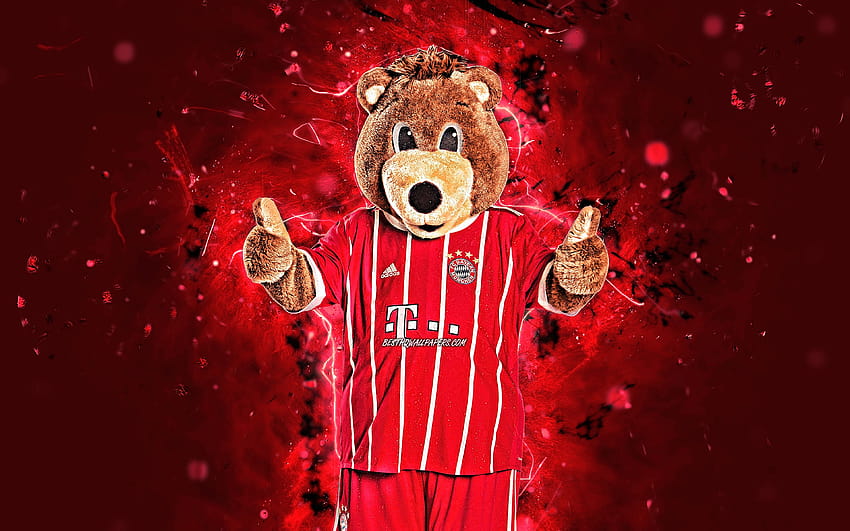 Berni, mascot, cartoon bear, Bundesliga, Bayern Munich FC, abstract art, Brazilian Serie A, german football club, Bayern Munich, creative, official mascot, neon lights, Bayern Munich mascot with, neon bear HD wallpaper