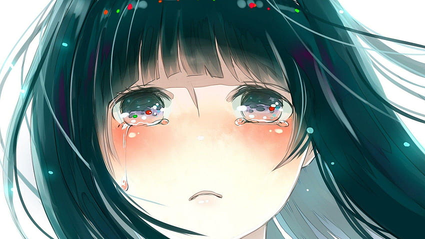 cute sad anime witch girl with a sad face is crying pulling a big glowing  mushroom