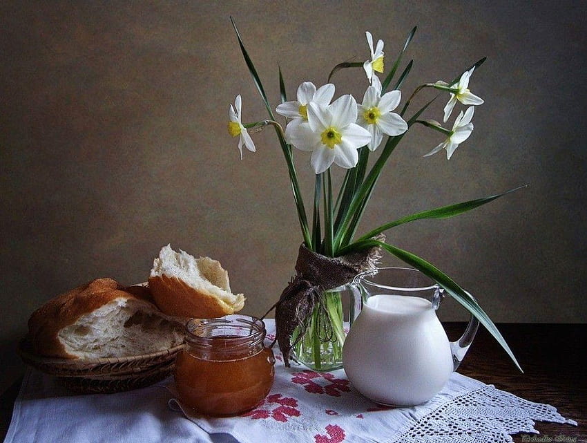 Flower Breakfast Flowers Life Still Morning Bread Time Milk, life background HD wallpaper