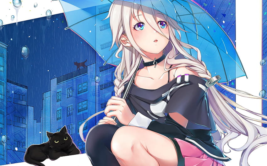 Anime girl, umbrella, rain, cat 2560x1600, anime rain girl umbrella HD wallpaper
