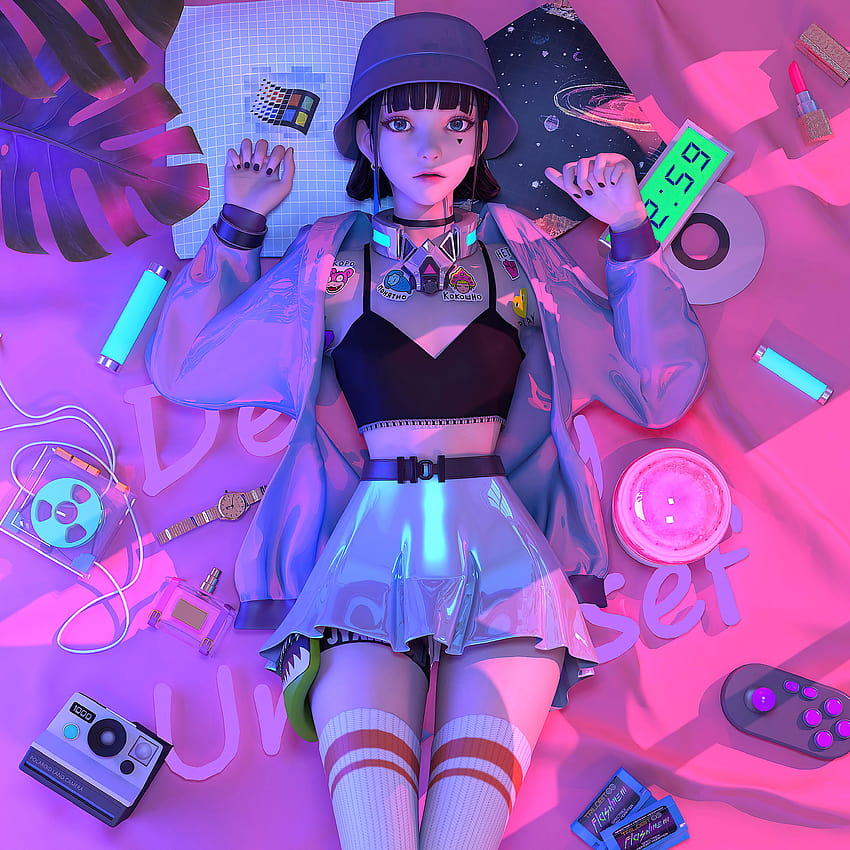 2932x2932 Retro-Punk-Anime-Mädchen, das auf dem Bett liegt Ipad Pro Retina-Display , Hintergründe und Retro-Anime HD-Handy-Hintergrundbild