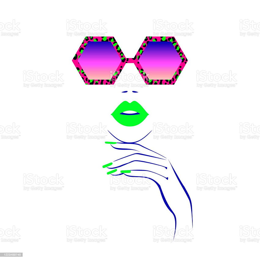 세련된 선글라스를 쓴 패션 여성, 레오파드 프린트 패턴 네온 녹색 입술 손, 밝은 네일 매니큐어 추상적 배경 벡터 스톡 일러스트 HD 전화 배경 화면
