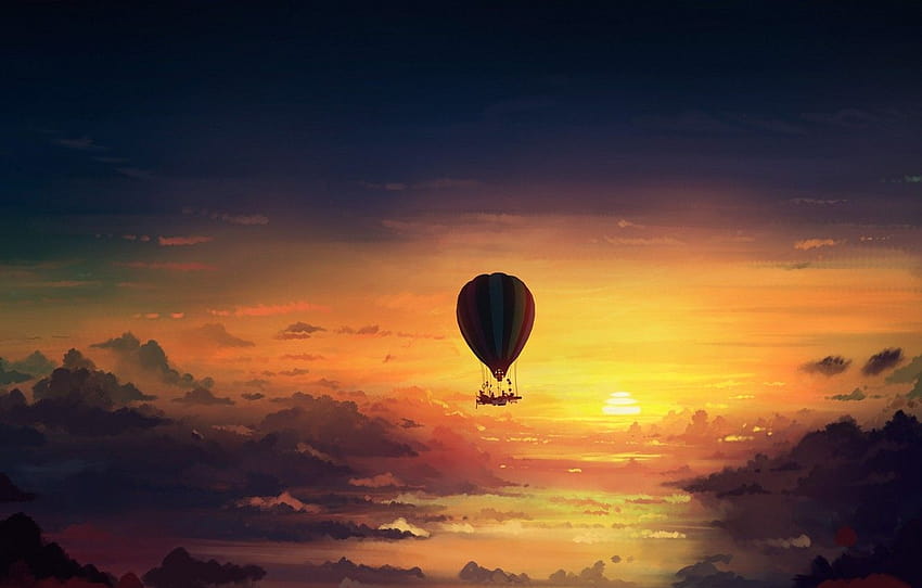 langit, awan, matahari terbenam, seni, romantis apokaliptik, balon udara panas pc Wallpaper HD