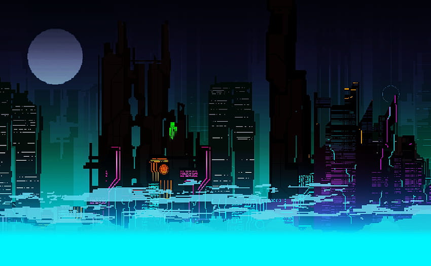 Pixelkunst, blau, Stadt, menschliche Siedlung, Stadt, Metropole HD-Hintergrundbild