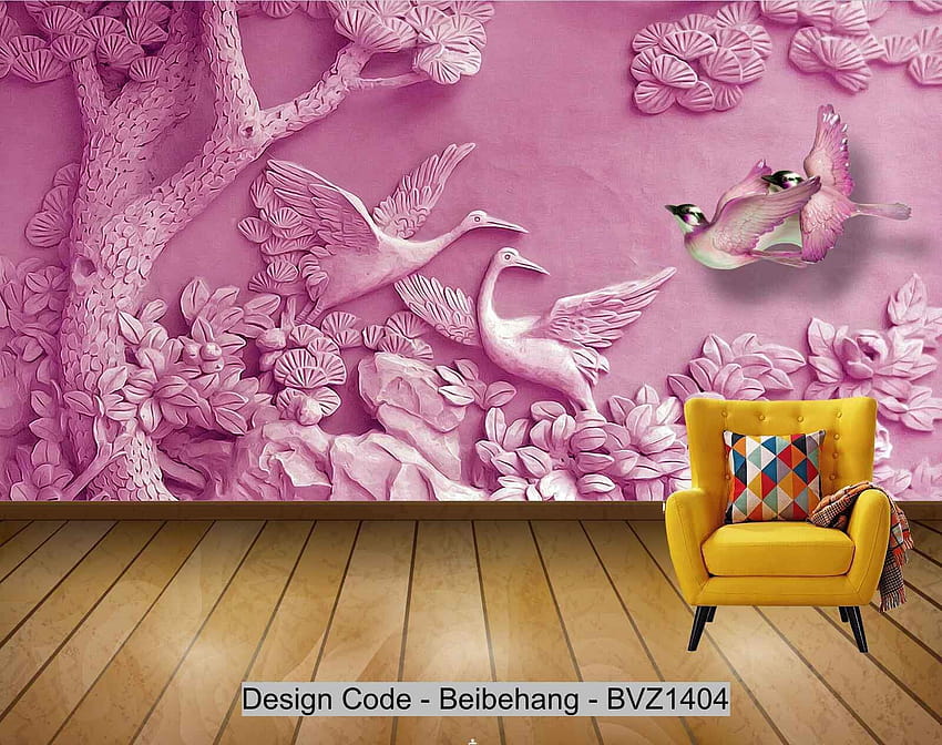 Beibehang BVZ1404 현대 핑크 3D 화이트 크레인 나무 조각 환영 소나무 나무 조각 조류 배경 3D HD 월페이퍼