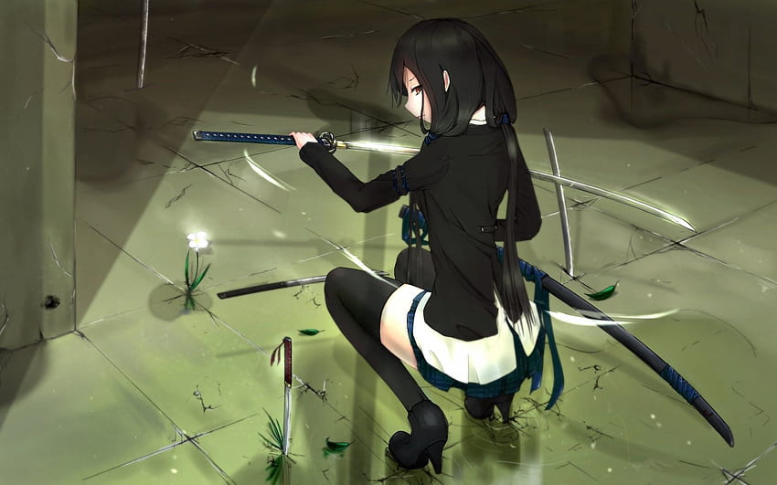 anime, Katana, Weapon, Sword, Anime Girls, Thigh highs, Original, girl using katana swords HD wallpaper