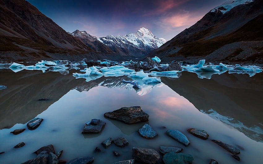 Natur, Landschaft, See, Berg, Sonnenaufgang, Eis, Spiegelung, Neuseeland, schneebedeckter Gipfel, Wasser, Ruhe, Blau / und mobile Hintergründe HD-Hintergrundbild