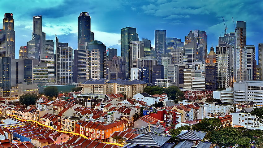 Singapore skyline landscape, skyscrapers, sunset, singapore panoramic cityscape HD wallpaper