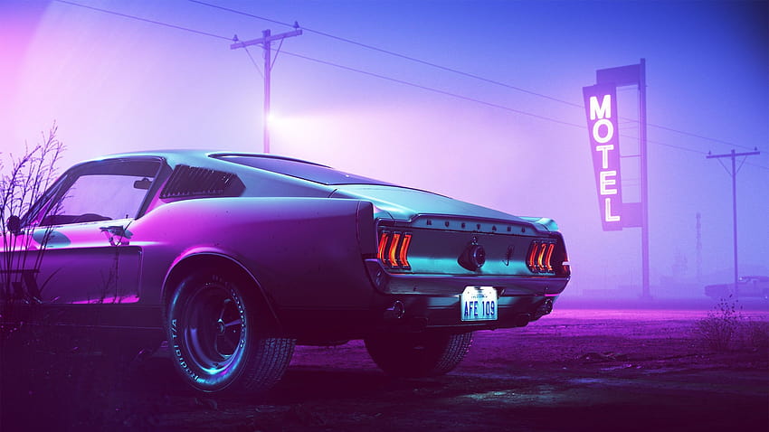 1969 Ford Mustang voiture vue arrière, motel, néon, nuit 2560x1440 Q, nuit néon Fond d'écran HD