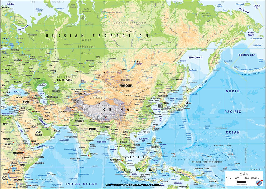印刷可能なアジア物理地図、アジアの政治地図 高画質の壁紙