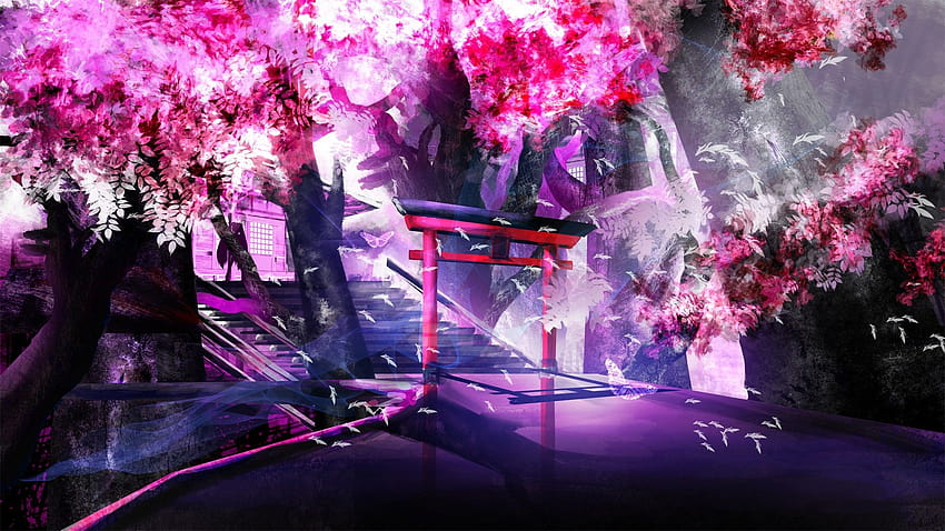 : landscape, anime, purple, violet, branch, world, blossom, pink, spring, magenta, ART, tree, flower, plant, petal, 1920x1080 px, computer 1920x1080, anime spring computer HD wallpaper