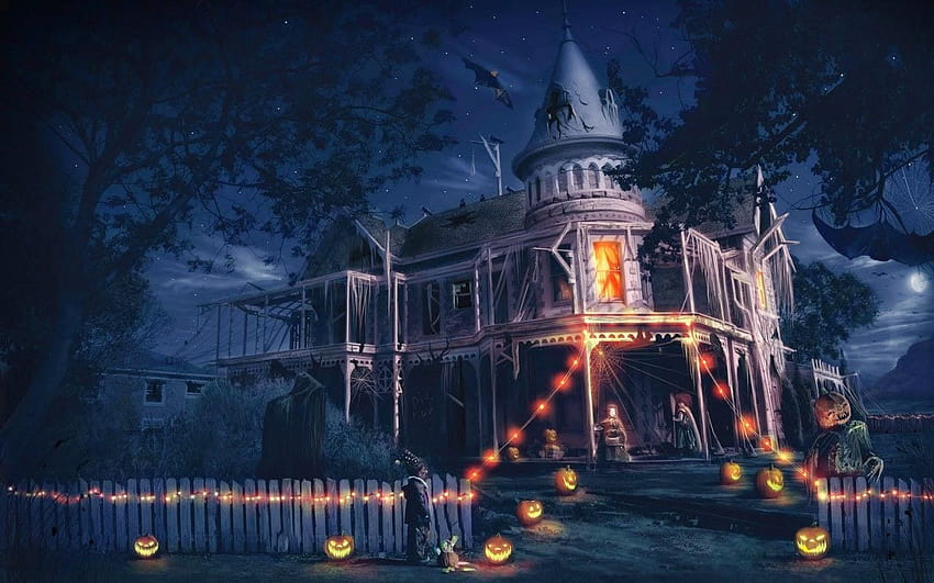ハロウィーンの恐ろしい恐怖の夜かかしカボチャお化け、ハロウィーンの家の装飾 高画質の壁紙