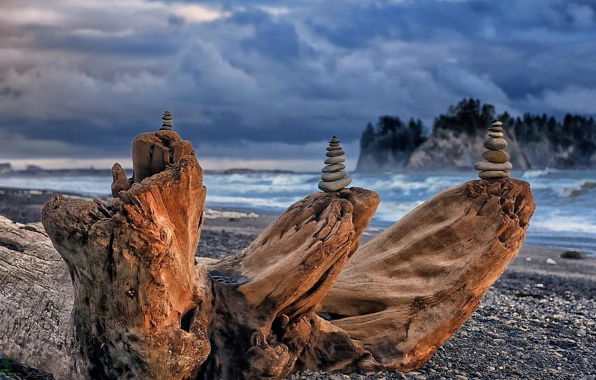 Nature, Clouds, Beach, Sea, Stones, Stacked, Driftwood HD wallpaper