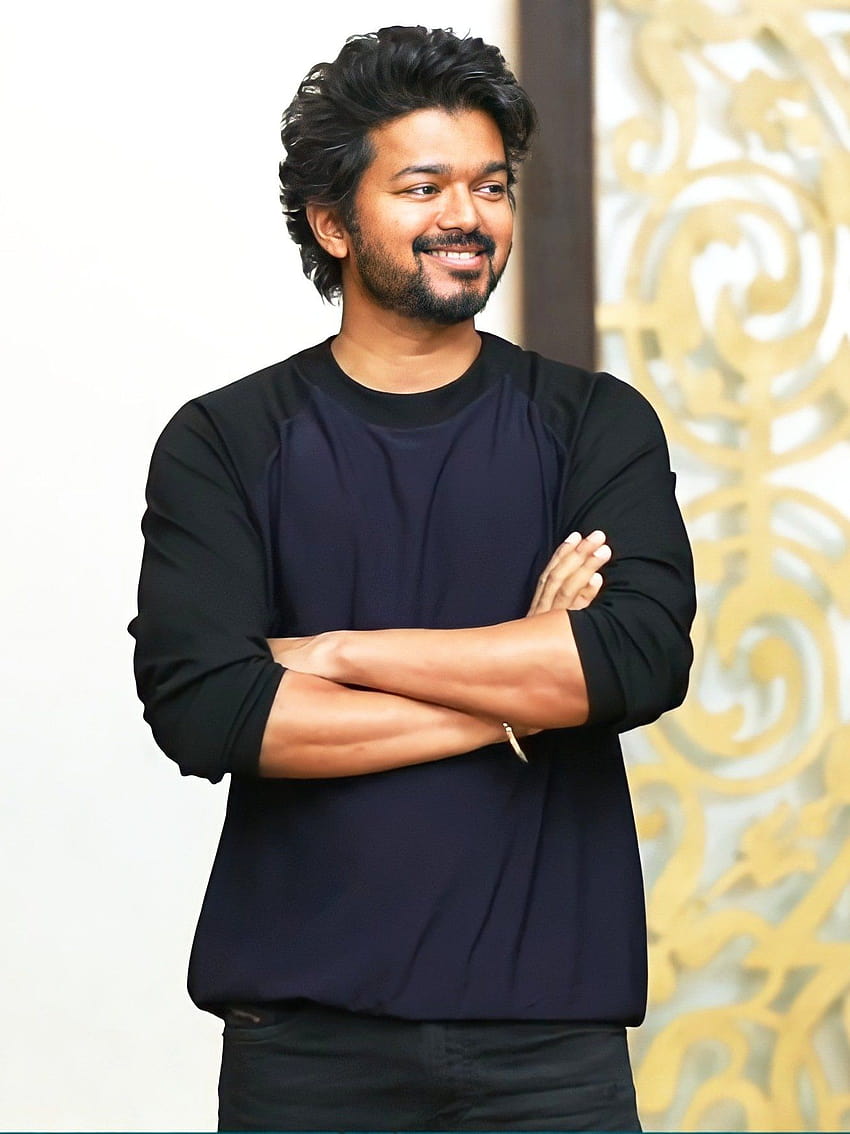 Thalapathy Vijay Look bonito em camiseta preta Papel de parede de celular HD