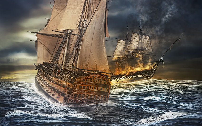 3840x2400 ships, sea, storm, sea battle, ship ultra HD wallpaper