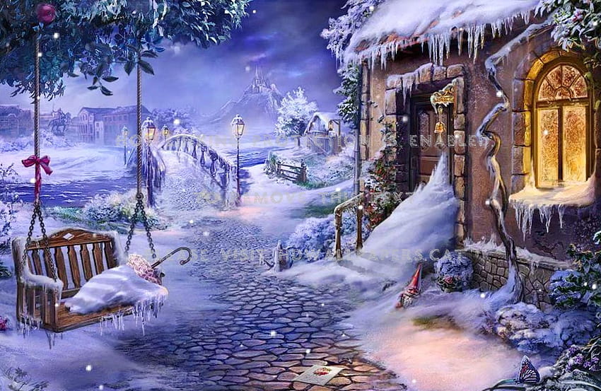 冬のおとぎ話の雪の家のロマンチックな自然、 高画質の壁紙