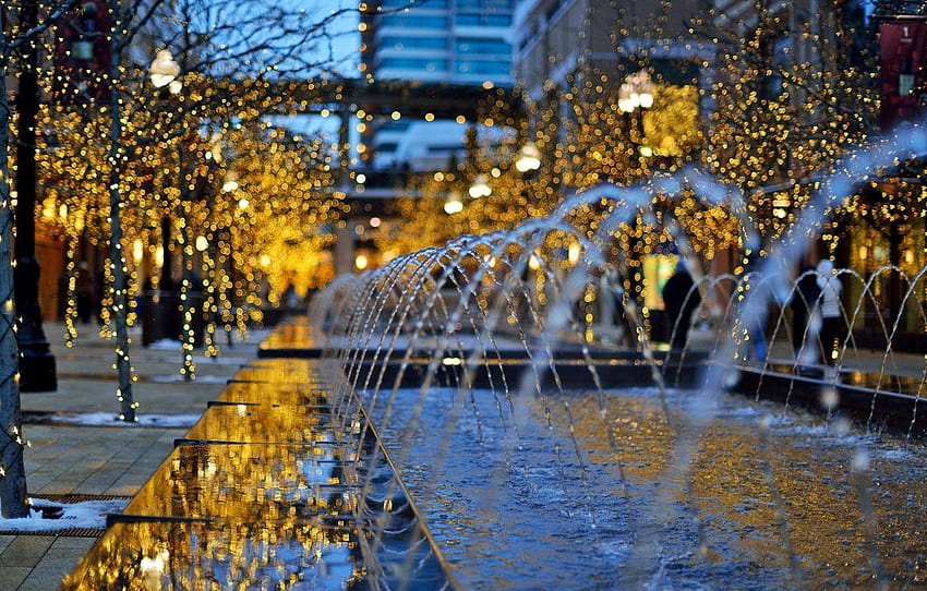 winter, trees, the city, lights, building, the evening, fountain, Utah, USA, USA, garland, holidays, bokeh, Utah, United States of America, City Creek Center , section город, night winter fountain HD wallpaper