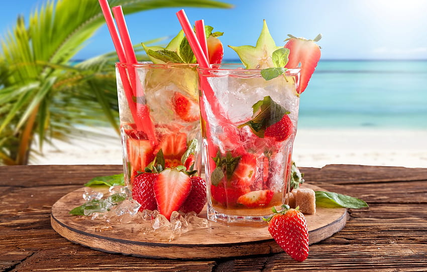 sea, beach, strawberry, cocktail, summer, beach, fresh, sea, strawberry, paradise, drink, mojito, cocktail, Mojito, tropical , section еда, strawberry cocktail HD wallpaper