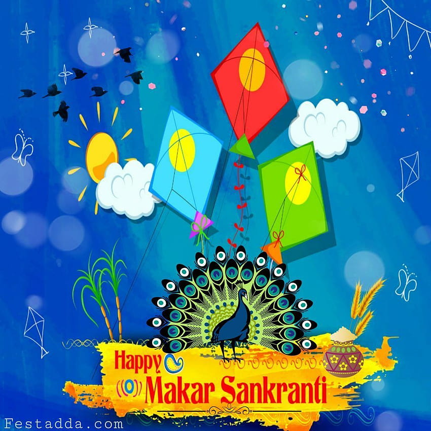 illustration of Happy Makar Sankranti wallpaper/banner/flyer with colorful  kite string, sweets, wheat, thread and festival elements with text for  festival of India with cloud background_Vector. Stock Vector | Adobe Stock