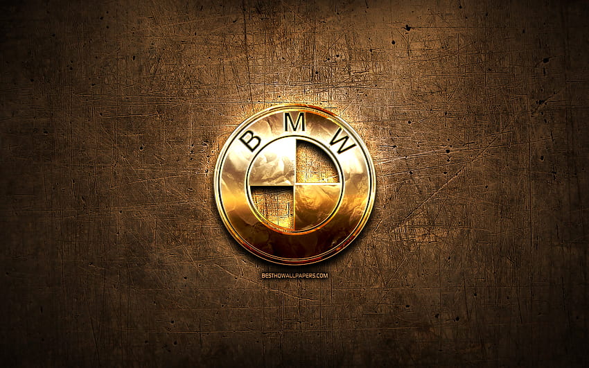 Златно лого на Bmw, марки автомобили, произведения на изкуството, кафяв метал, лого на bmw HD тапет