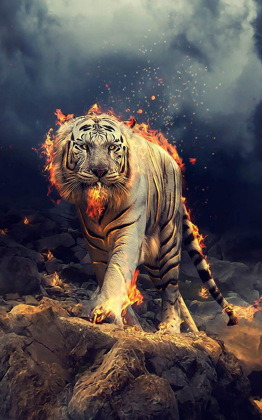 White Tiger Fire CGI Pure Ultra Mobile, 호랑이 야생 동물 삽화 HD 전화 배경 화면