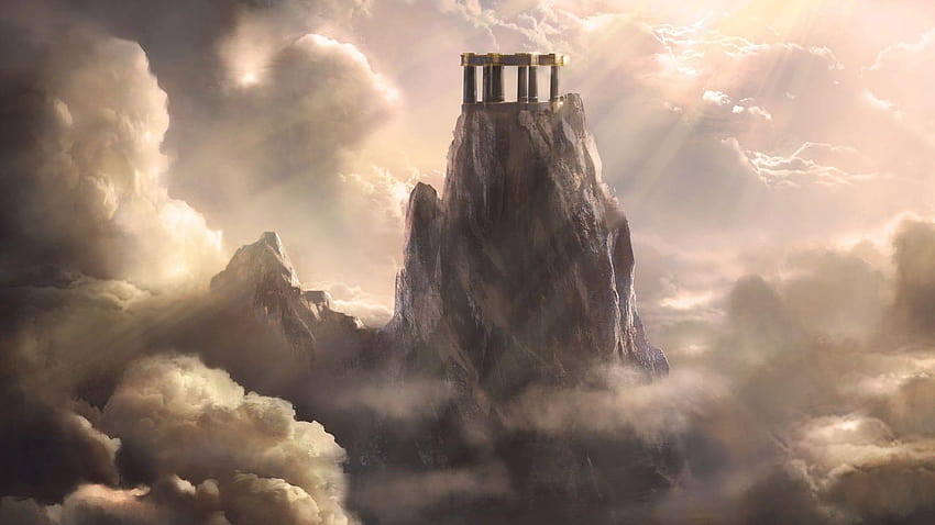 Formación de roca gris rodeada de nubes grises digital, cielo, ascensión del dios de la guerra fondo de pantalla
