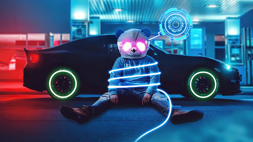 Cool Panda At Gas Station Neon, artista, s y gas de neón fondo de pantalla