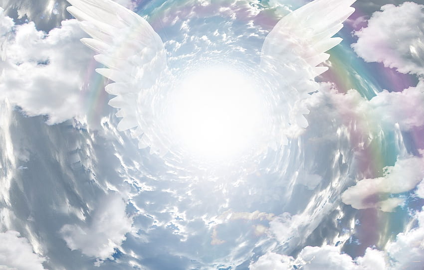 il cielo, le nuvole, le ali, l'angelo, la sezione рендеринг, gli angeli nel cielo Sfondo HD