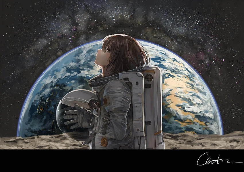 : Artwork, Science-Fiction, Astronaut, Planet, Erde, Frauen, Anime-Mädchen, Fan Zhen 2000x1412, Astronautin HD-Hintergrundbild