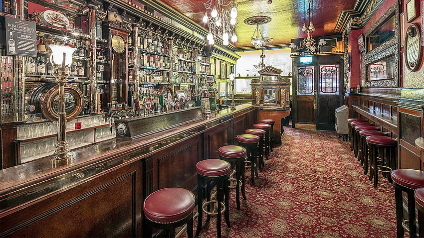 Interior pub irlandes banquetas barra botellas, pub irlandês papel de parede HD