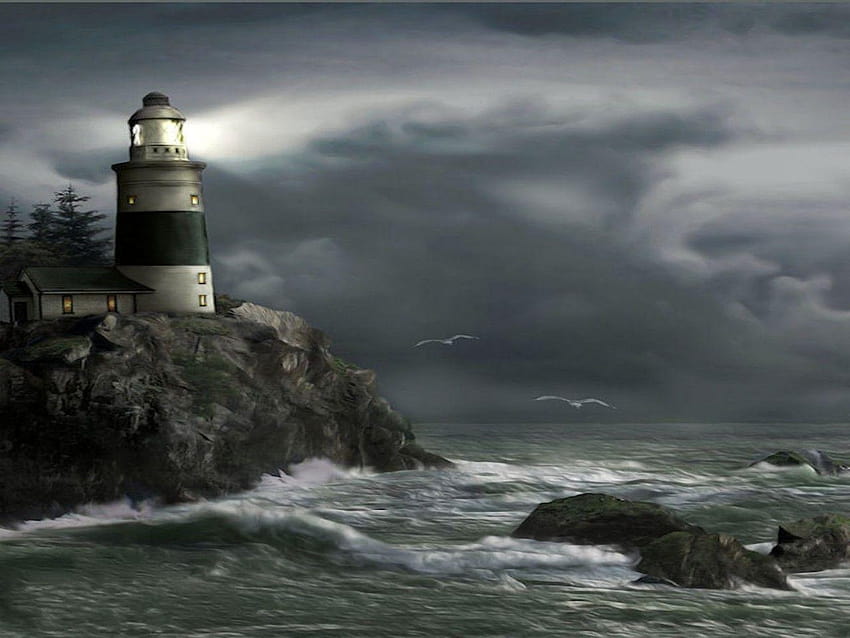 Nature: Approaching Waves Sky Clouds Lighthouse Ocean Storm Cliff, lighthouse storm HD wallpaper