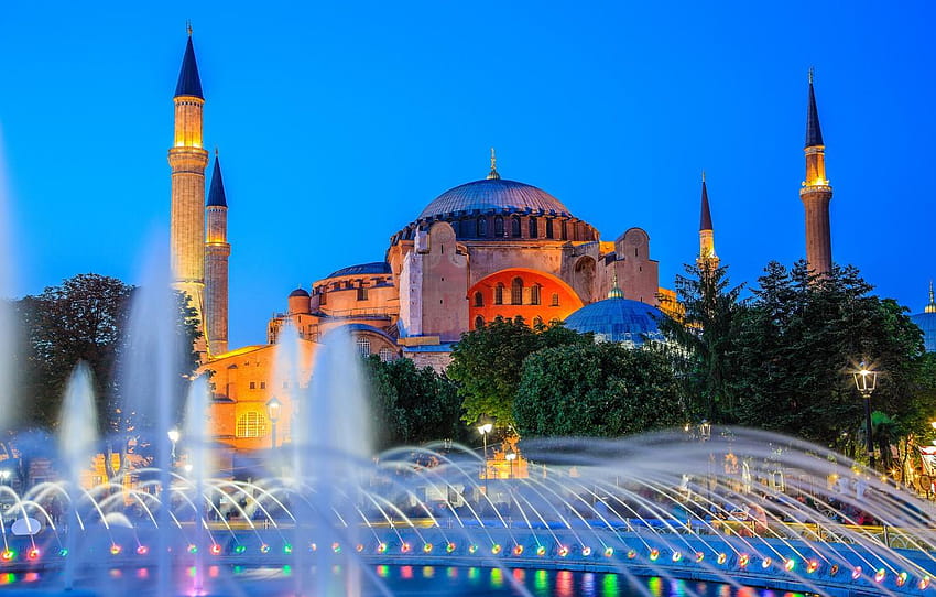 ライト、噴水、イスタンブール、トルコ、アヤソフィア、 高画質の壁紙