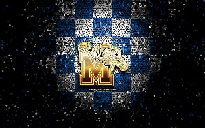 Memphis Tigers, glitter logo, NCAA, blue white checkered background, USA, american football team, Memphis Tigers logo, mosaic art, american football, America with resolution 2880x1800. High Quality HD wallpaper
