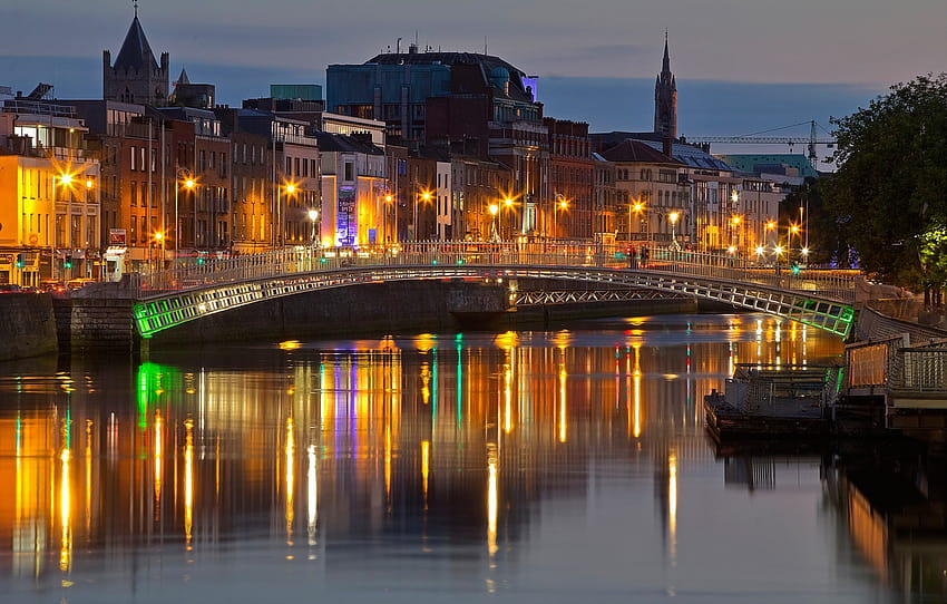 night, bridge, lights, river, home, Ireland, Dublin , section город, dublin ireland HD wallpaper