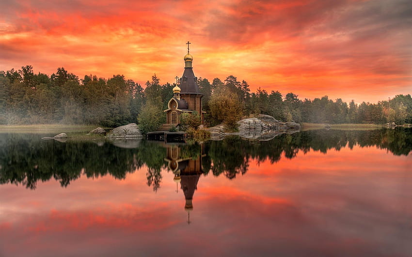 Karelia, Russia, autumn, temple, red sky, river, autumn temple HD wallpaper