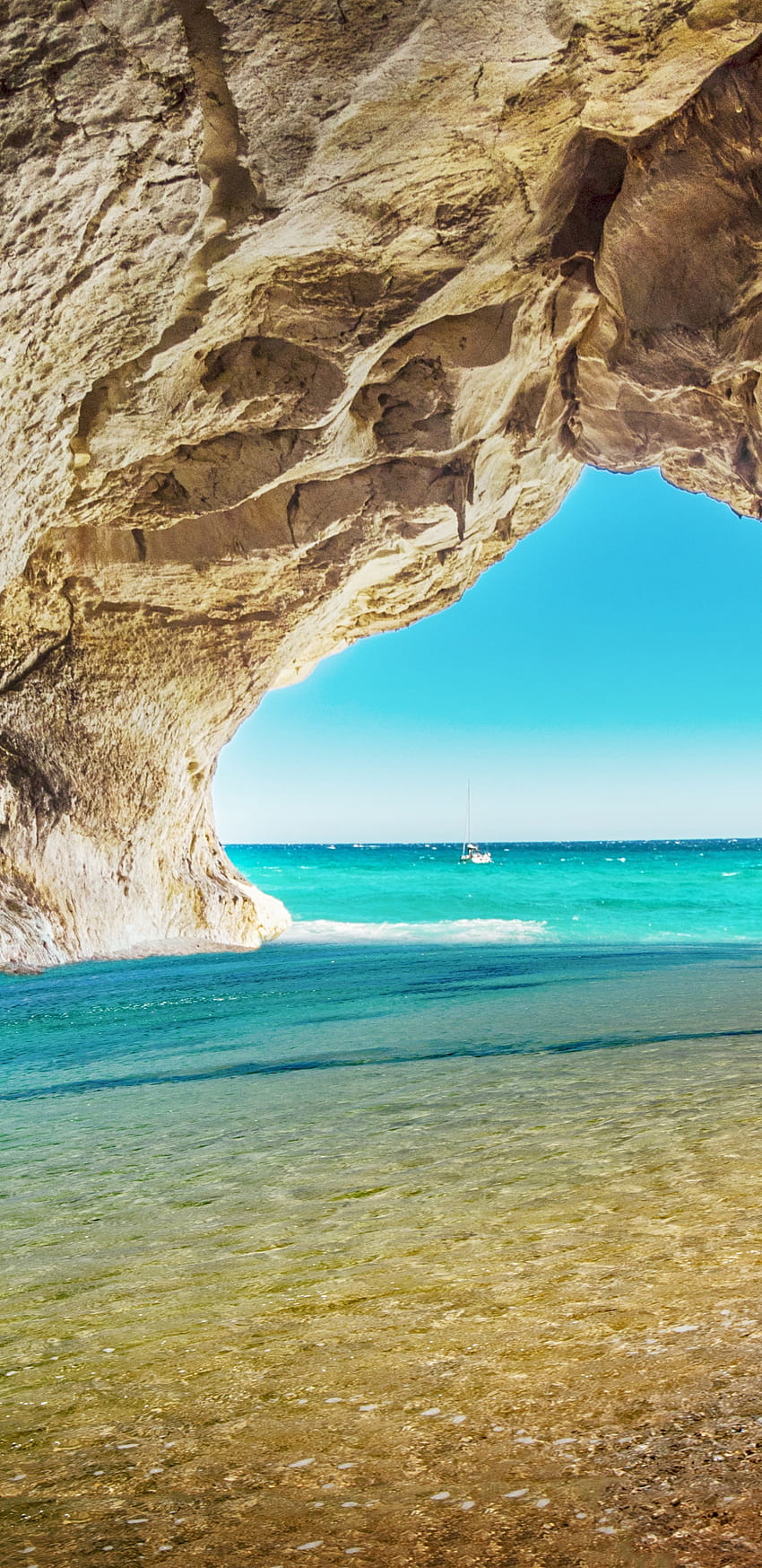 1440x2960 beach, sea, rock, arch, water, galaxy caves HD phone wallpaper