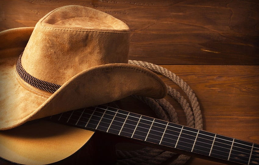 китара, шапка, дърво, каубой, въже, раздел стил, каубойска шапка HD тапет