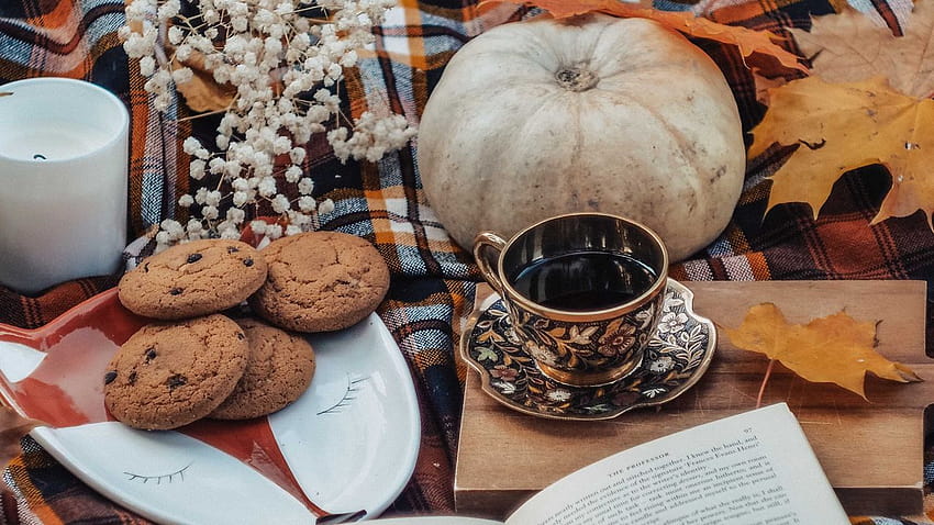 1280x720 tea, book, autumn, cookies, leaves, pumpkin , v, backgrounds, autumn chocolate HD wallpaper