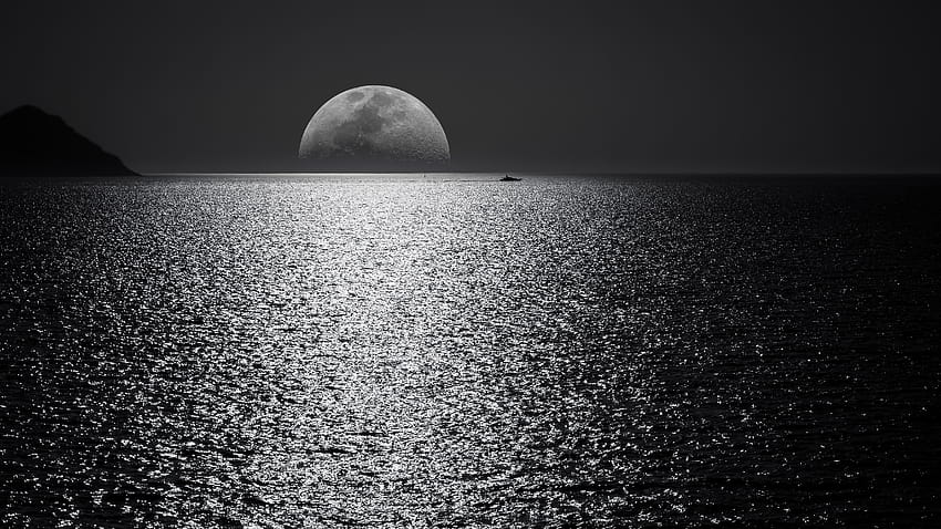 Océan de lune noir et blanc pendant la nuit, la nature, les arrière-plans et la lune blanche et noire Fond d'écran HD