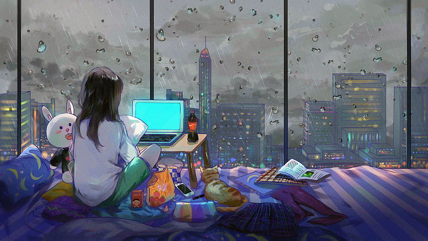 1366x768 Anime Girl Room City Cat 1366x768 Resolution, anime lofi HD wallpaper