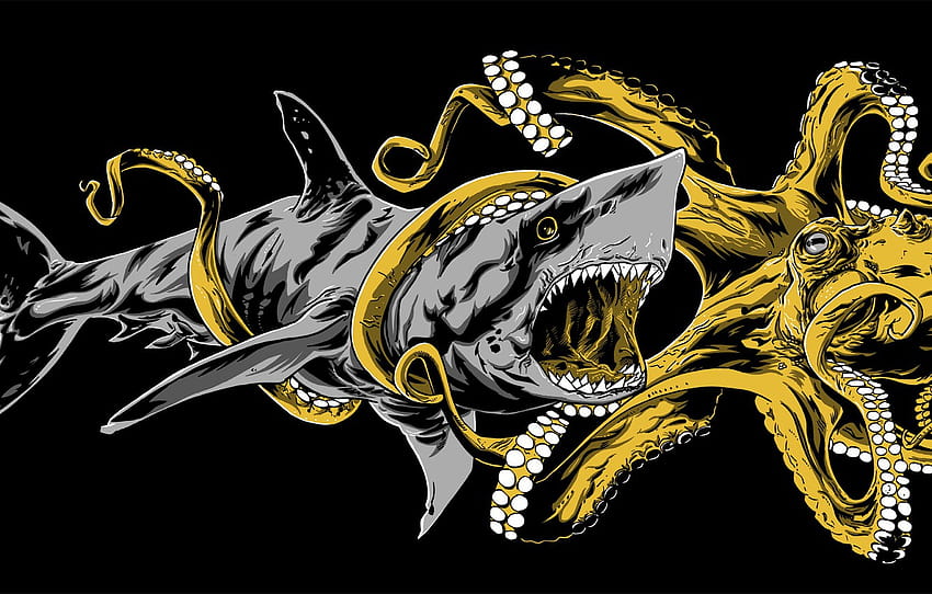 shark, octopus, mouth, battle , section разное, shark mouth HD wallpaper