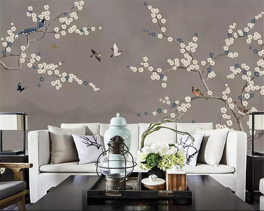 Beibehang Custom new Chinese hand painted pen blue plum, bird blossom butterfly HD wallpaper