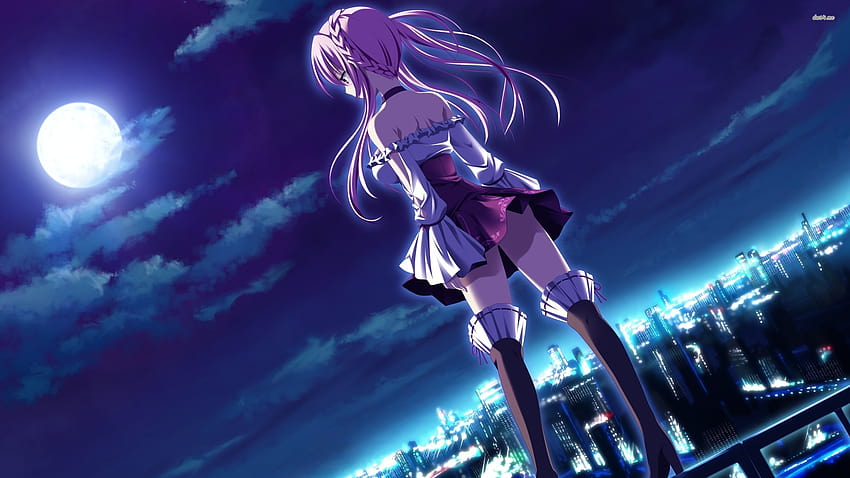 Girl with pink hair watching the city, pink anime HD wallpaper
