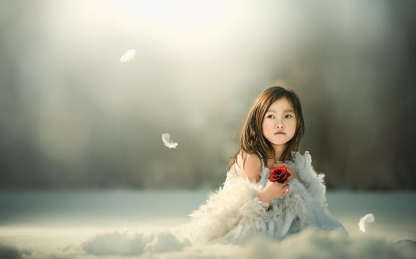 Innocent sad mood cute small girl with red rose, cute small girls HD wallpaper